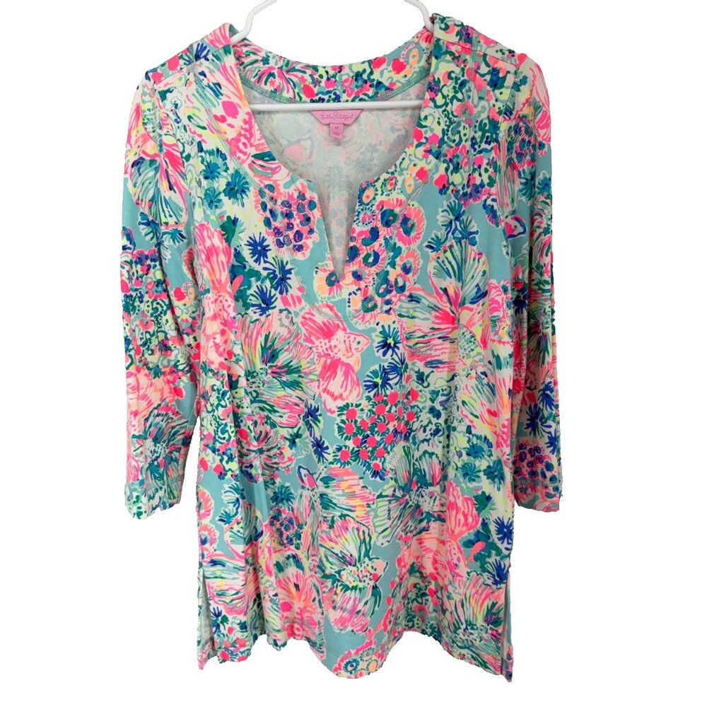Lilly Pulitzer Women M Justina Tunic Top V Neck Colorful Blue Gypsea UPF 50+